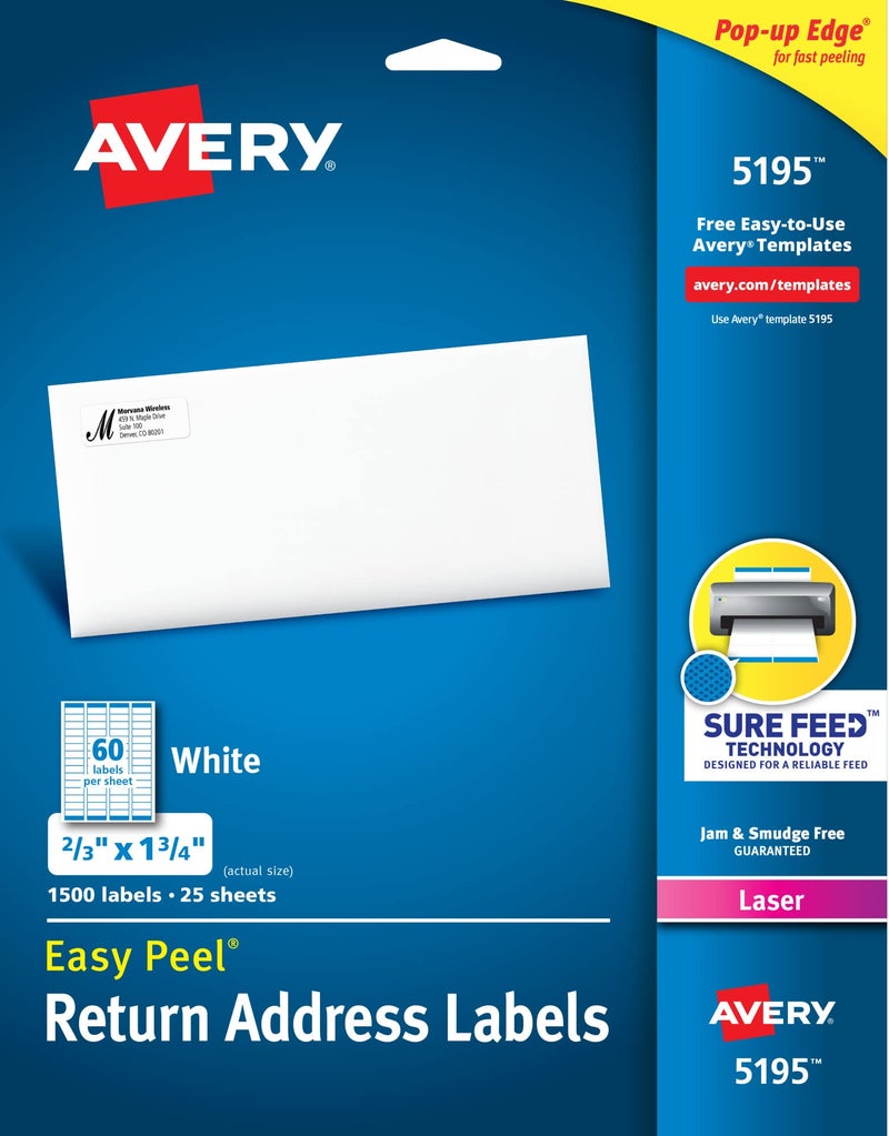 Avery Return Address Labels, Laser Printers, 1,500 Labels, 2/3 x 1-3/4, Permanent Adhesive, 5 Packs (5195) - Image 1